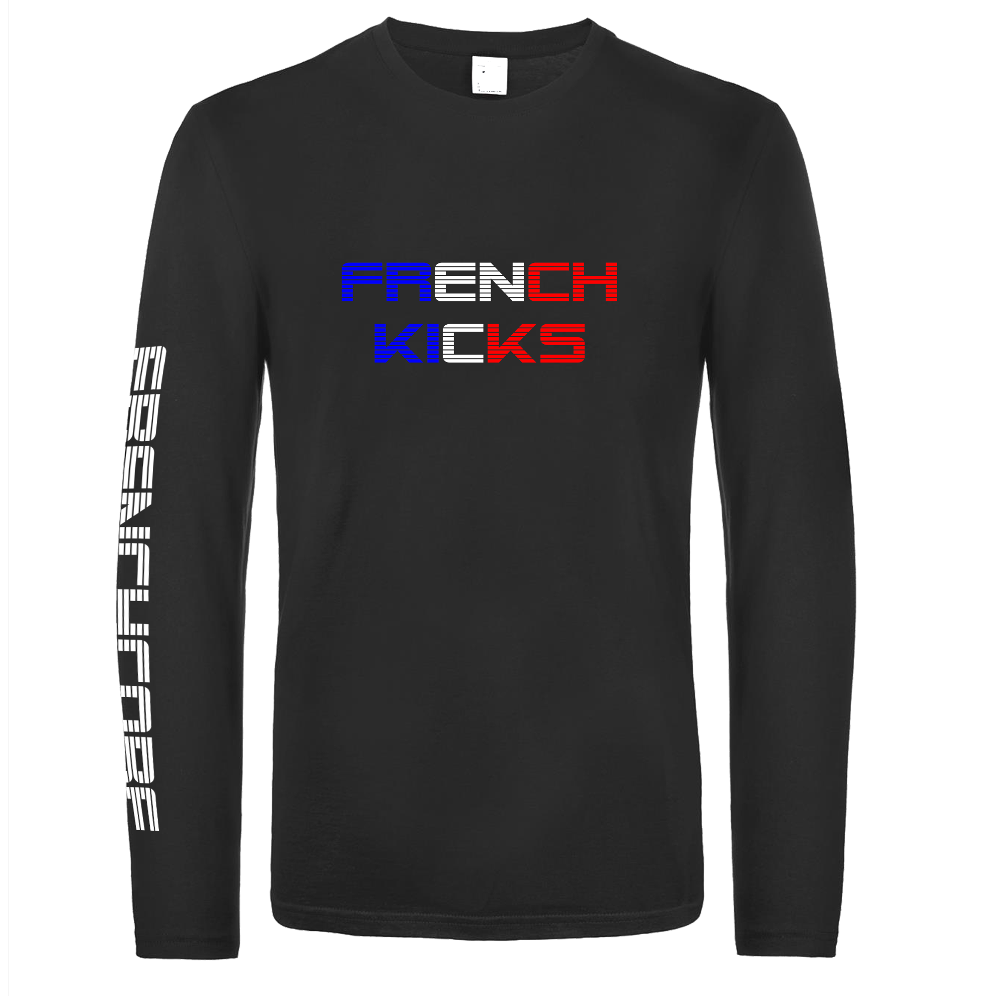 Zwarte longsleeve met french kicks en op de mouw frenchcore op Coreplaza